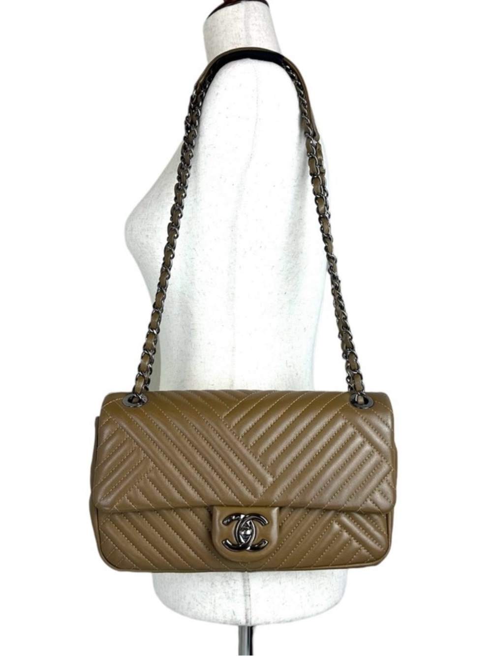 CHANEL Quilted Chevron Shoulder Bag in Dark Camel Brown